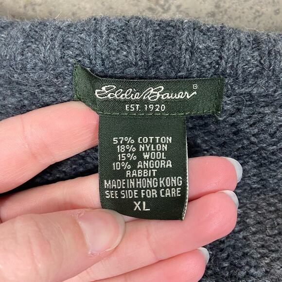Vintage 90s Eddie Bauer XL Gray Heavy Wool & Angora Cable Knit V Neck Sweater - Picture 9 of 11